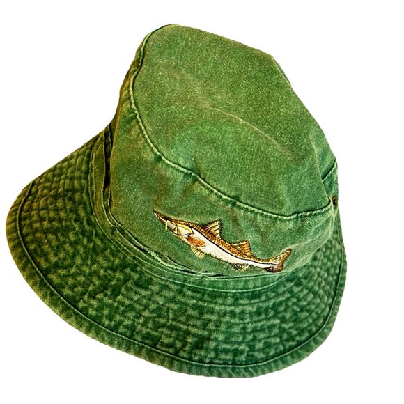 VTG Fishing Bucket Hat SNOOK Fish Embroidered 100% Cotton Faded Green Headwear M - Picture 3 of 8